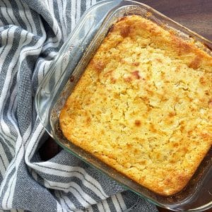 corn pudding in a square casserole dish